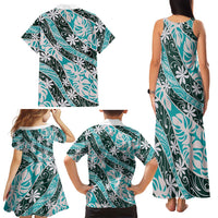 Cyan Tahiti Tiare Monstera Family Matching Tank Maxi Dress and Hawaiian Shirt Polynesian Pattern Curve Style LT01 - Polynesian Pride