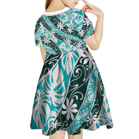 Cyan Tahiti Tiare Monstera Kid Short Sleeve Dress Polynesian Pattern Curve Style - Polynesian Pride