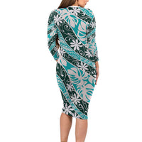 Cyan Tahiti Tiare Monstera Long Sleeve Bodycon Dress Polynesian Pattern Curve Style - Polynesian Pride