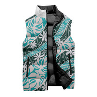 Cyan Tahiti Tiare Monstera Sleeveless Puffer Jacket Polynesian Pattern Curve Style LT01 - Polynesian Pride
