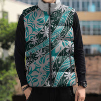 Cyan Tahiti Tiare Monstera Sleeveless Puffer Jacket Polynesian Pattern Curve Style LT01 - Polynesian Pride