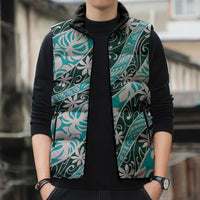 Cyan Tahiti Tiare Monstera Sleeveless Puffer Jacket Polynesian Pattern Curve Style LT01 - Polynesian Pride