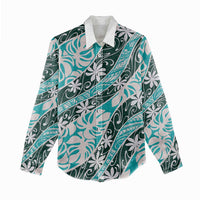 Cyan Tahiti Tiare Monstera Women Casual Shirt Polynesian Pattern Curve Style - Polynesian Pride