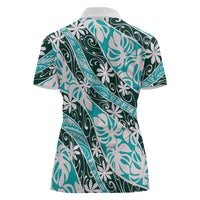 Cyan Tahiti Tiare Monstera Women Polo Shirt Polynesian Pattern Curve Style - Polynesian Pride