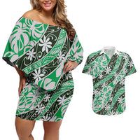 Matie Tahiti Tiare Monstera Couples Matching Off Shoulder Short Dress and Hawaiian Shirt Polynesian Pattern Curve Style LT01 Green - Polynesian Pride