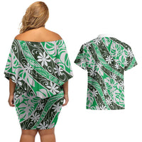 Matie Tahiti Tiare Monstera Couples Matching Off Shoulder Short Dress and Hawaiian Shirt Polynesian Pattern Curve Style LT01 - Polynesian Pride