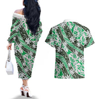 Matie Tahiti Tiare Monstera Couples Matching Off The Shoulder Long Sleeve Dress and Hawaiian Shirt Polynesian Pattern Curve Style LT01 - Polynesian Pride