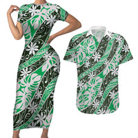Matie Tahiti Tiare Monstera Couples Matching Short Sleeve Bodycon Dress and Hawaiian Shirt Polynesian Pattern Curve Style LT01 Green - Polynesian Pride