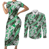 Matie Tahiti Tiare Monstera Couples Matching Short Sleeve Bodycon Dress and Long Sleeve Button Shirt Polynesian Pattern Curve Style LT01 Green - Polynesian Pride