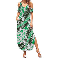 Matie Tahiti Tiare Monstera Family Matching Summer Maxi Dress and Hawaiian Shirt Polynesian Pattern Curve Style LT01 Mom's Dress Green - Polynesian Pride