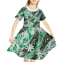 Matie Tahiti Tiare Monstera Kid Short Sleeve Dress Polynesian Pattern Curve Style - Polynesian Pride