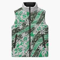 Matie Tahiti Tiare Monstera Sleeveless Puffer Jacket Polynesian Pattern Curve Style LT01 Unisex Green - Polynesian Pride