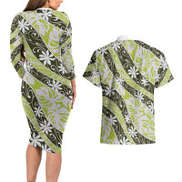 Olive Tahiti Tiare Monstera Couples Matching Long Sleeve Bodycon Dress and Hawaiian Shirt Polynesian Pattern Curve Style LT01 - Polynesian Pride