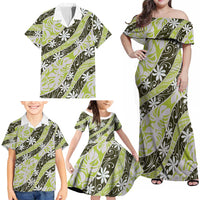 Olive Tahiti Tiare Monstera Family Matching Off Shoulder Maxi Dress and Hawaiian Shirt Polynesian Pattern Curve Style LT01 - Polynesian Pride