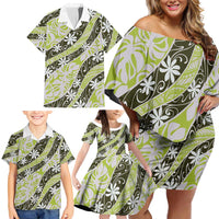 Olive Tahiti Tiare Monstera Family Matching Off Shoulder Short Dress and Hawaiian Shirt Polynesian Pattern Curve Style LT01 - Polynesian Pride