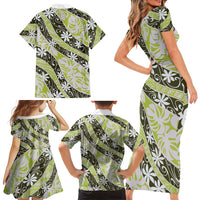 Olive Tahiti Tiare Monstera Family Matching Short Sleeve Bodycon Dress and Hawaiian Shirt Polynesian Pattern Curve Style LT01 - Polynesian Pride