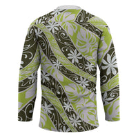 Olive Tahiti Tiare Monstera Hockey Jersey Polynesian Pattern Curve Style - Polynesian Pride