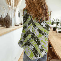 Olive Tahiti Tiare Monstera Women Casual Shirt Polynesian Pattern Curve Style - Polynesian Pride