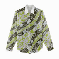 Olive Tahiti Tiare Monstera Women Casual Shirt Polynesian Pattern Curve Style - Polynesian Pride