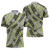 Olive Tahiti Tiare Monstera Zipper Polo Shirt Polynesian Pattern Curve Style - Polynesian Pride