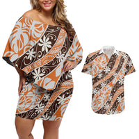 Puatou Tahiti Tiare Monstera Couples Matching Off Shoulder Short Dress and Hawaiian Shirt Polynesian Pattern Curve Style LT01 Orange - Polynesian Pride