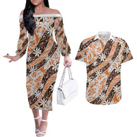 Puatou Tahiti Tiare Monstera Couples Matching Off The Shoulder Long Sleeve Dress and Hawaiian Shirt Polynesian Pattern Curve Style LT01 Orange - Polynesian Pride