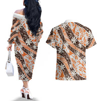 Puatou Tahiti Tiare Monstera Couples Matching Off The Shoulder Long Sleeve Dress and Hawaiian Shirt Polynesian Pattern Curve Style LT01 - Polynesian Pride