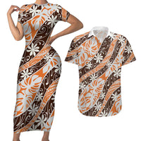 Puatou Tahiti Tiare Monstera Couples Matching Short Sleeve Bodycon Dress and Hawaiian Shirt Polynesian Pattern Curve Style LT01 Orange - Polynesian Pride