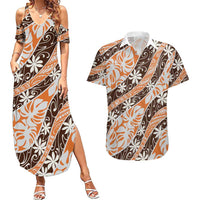 Puatou Tahiti Tiare Monstera Couples Matching Summer Maxi Dress and Hawaiian Shirt Polynesian Pattern Curve Style LT01 Orange - Polynesian Pride