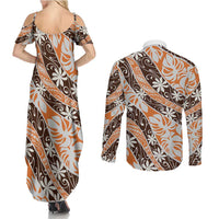 Puatou Tahiti Tiare Monstera Couples Matching Summer Maxi Dress and Long Sleeve Button Shirt Polynesian Pattern Curve Style - Polynesian Pride
