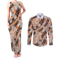 Puatou Tahiti Tiare Monstera Couples Matching Tank Maxi Dress and Long Sleeve Button Shirt Polynesian Pattern Curve Style - Polynesian Pride