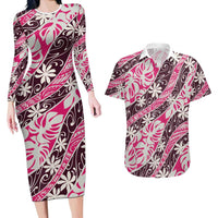 Tarona Tahiti Tiare Monstera Couples Matching Long Sleeve Bodycon Dress and Hawaiian Shirt Polynesian Pattern Curve Style LT01 Pink - Polynesian Pride
