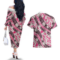Tarona Tahiti Tiare Monstera Couples Matching Off The Shoulder Long Sleeve Dress and Hawaiian Shirt Polynesian Pattern Curve Style LT01 - Polynesian Pride