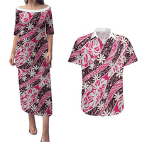 Tarona Tahiti Tiare Monstera Couples Matching Puletasi and Hawaiian Shirt Polynesian Pattern Curve Style - Polynesian Pride