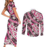 Tarona Tahiti Tiare Monstera Couples Matching Short Sleeve Bodycon Dress and Long Sleeve Button Shirt Polynesian Pattern Curve Style LT01 - Polynesian Pride