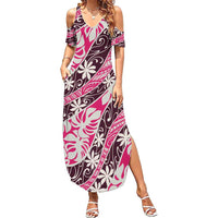 Tarona Tahiti Tiare Monstera Family Matching Summer Maxi Dress and Hawaiian Shirt Polynesian Pattern Curve Style LT01 Mom's Dress Pink - Polynesian Pride