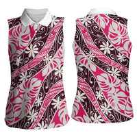 Tarona Tahiti Tiare Monstera Women Sleeveless Polo Shirt Polynesian Pattern Curve Style - Polynesian Pride