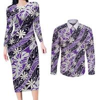 Vareau Tahiti Tiare Monstera Couples Matching Long Sleeve Bodycon Dress and Long Sleeve Button Shirt Polynesian Pattern Curve Style LT01 Purple - Polynesian Pride
