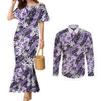 Vareau Tahiti Tiare Monstera Couples Matching Mermaid Dress and Long Sleeve Button Shirt Polynesian Pattern Curve Style LT01 Purple - Polynesian Pride