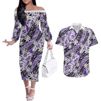 Vareau Tahiti Tiare Monstera Couples Matching Off The Shoulder Long Sleeve Dress and Hawaiian Shirt Polynesian Pattern Curve Style LT01 Purple - Polynesian Pride