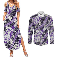 Vareau Tahiti Tiare Monstera Couples Matching Summer Maxi Dress and Long Sleeve Button Shirt Polynesian Pattern Curve Style - Polynesian Pride