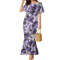 Vareau Tahiti Tiare Monstera Family Matching Mermaid Dress and Hawaiian Shirt Polynesian Pattern Curve Style LT01 Mom's Dress Purple - Polynesian Pride