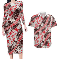 Uteute Tahiti Tiare Monstera Couples Matching Long Sleeve Bodycon Dress and Hawaiian Shirt Polynesian Pattern Curve Style LT01 Red - Polynesian Pride