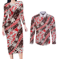 Uteute Tahiti Tiare Monstera Couples Matching Long Sleeve Bodycon Dress and Long Sleeve Button Shirt Polynesian Pattern Curve Style LT01 Red - Polynesian Pride