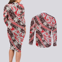 Uteute Tahiti Tiare Monstera Couples Matching Long Sleeve Bodycon Dress and Long Sleeve Button Shirt Polynesian Pattern Curve Style LT01 - Polynesian Pride