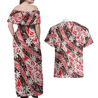 Uteute Tahiti Tiare Monstera Couples Matching Off Shoulder Maxi Dress and Hawaiian Shirt Polynesian Pattern Curve Style LT01 - Polynesian Pride
