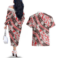 Uteute Tahiti Tiare Monstera Couples Matching Off The Shoulder Long Sleeve Dress and Hawaiian Shirt Polynesian Pattern Curve Style LT01 - Polynesian Pride