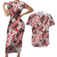 Uteute Tahiti Tiare Monstera Couples Matching Short Sleeve Bodycon Dress and Hawaiian Shirt Polynesian Pattern Curve Style LT01 Red - Polynesian Pride