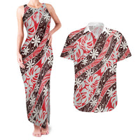 Uteute Tahiti Tiare Monstera Couples Matching Tank Maxi Dress and Hawaiian Shirt Polynesian Pattern Curve Style LT01 Red - Polynesian Pride