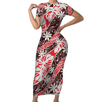 Uteute Tahiti Tiare Monstera Family Matching Short Sleeve Bodycon Dress and Hawaiian Shirt Polynesian Pattern Curve Style LT01 Mom's Dress Red - Polynesian Pride